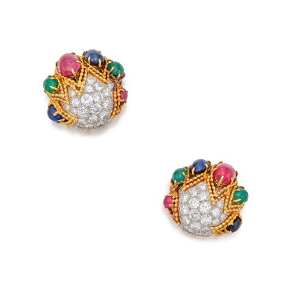 Catalog image of Pair of Gold, Gem-Set and Diamond Earclips