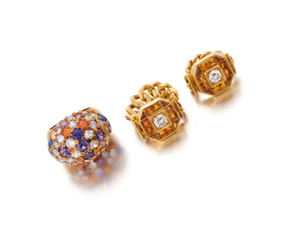 Catalog image of two citrine and diamond rings and syntethic gemstone ring (due anelli con quarz…