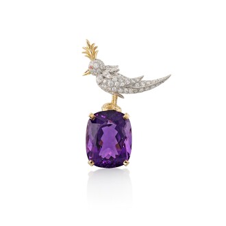 View 1 of Lot 2958: 'Bird on a Rock' Amethyst and Diamond Brooch | 蒂芙尼 Schlumberger 設計 | 'Bird on a Rock' 紫水晶 配 鑽石 胸針