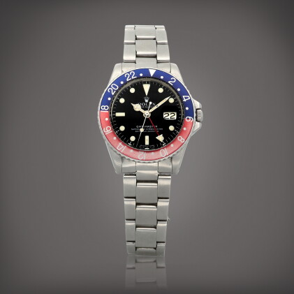 Catalog image of GMT-Master 'Pepsi', Reference 1675 | A stainless steel dual time zone wristwatc…