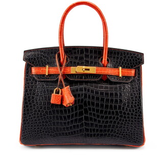 View 1 of Lot 7870: Black and Orange Poppy Matte Porosus Crocodile HSS Birkin 30 Brushed Gold Hardware, 2019