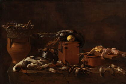 Catalog image of Still life with a mallard, songbirds, other game, and a wicker basket filled wi…