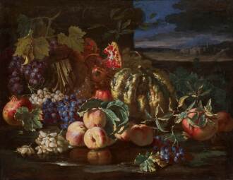 View 1 of Lot 43: Still life of pomegranates, grapes, peaches and a fragment of a classical capital in a landscape, a town in the distance