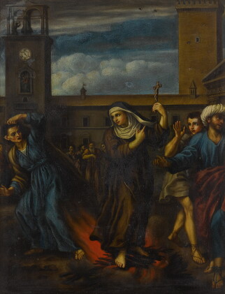 Catalog image of Saint Rose of Viterbo standing on a pyre and defeating a sorceress