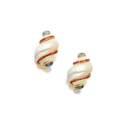 Catalog image of Pair of Shell, Sapphire and Pink Sapphire Earclips