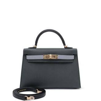 View 1 of Lot 12: Limited Edition Vert Mangrove, Gris Pantin and Black Epsom Tri-Color Mini Kelly II 20 Permabrass Hardware, 2025