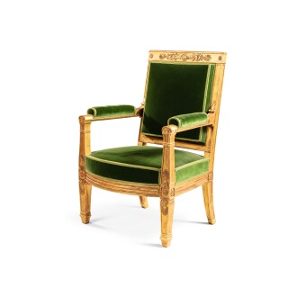 View 1 of Lot 204: An Empire giltwood fauteuil d'apparat, circa 1805, stamped by Pierre-Benoît Marcion, from the Château de Saint-Cloud | 	Fauteuil d'apparat en bois doré d'époque Empire, vers 1805, estampillé par Pierre-Benoît Marcion, provenant du Château de Saint-Cloud