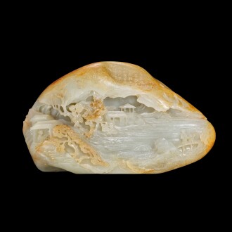 View 1 of Lot 3601: An outstanding imperial inscribed Khotan white jade 'landscape' boulder Qing dynasty, Qianlong period, the poem dated to the Spring of the gengxu year, corresponding to 1790 | 清乾隆 御製「題和闐玉山水圖」山子 《乾隆庚戌春御題》款   「古香」、「太璞」印