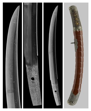 View 1 of Lot 43: An aikuchi tanto with ebi-kizami koshirae [sword mount in the form of a crayfish] | Signed Iwato Minamoto Kiyotaka | Edo period, 19th century