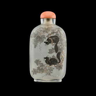 View 1 of Lot 1007: An inside-painted glass 'squirrel' snuff bottle, Family of Ma Shaoxuan, 19th - 20th century | 十九至二十世紀 馬氏家族作玻璃內畫題詩松鼠葡萄圖鼻煙壺