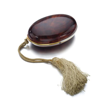 Catalog image of tortoiseshell and sapphire lady's evening bag, bulgari