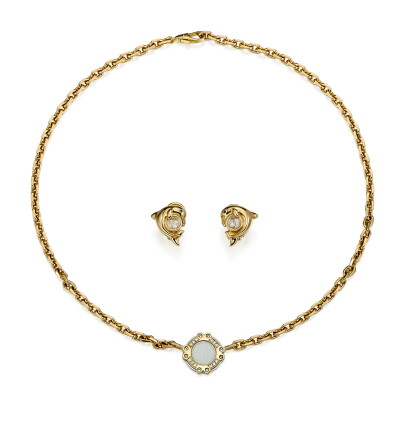 Catalog image of pair of gold, sapphire and diamond earrings, 'happy diamonds'; and a gold and d…