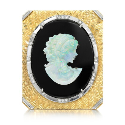 Catalog image of geoff rowlandson | opal, onyx and diamond brooch