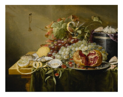Catalog image of laurens craen | a still life with a pomegranate and other fruits, oysters, shri…