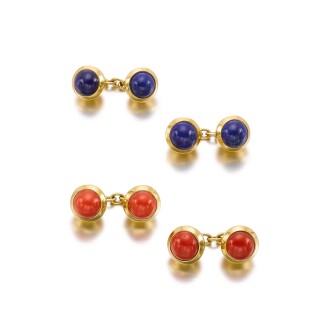 View 1 of Lot 222: Two Pairs of Lapis Lazuli and Coral Cufflinks