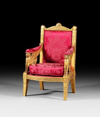 View 1 of Lot 71: An Imperial carved giltwood ceremonial fauteuil, designed by Percier and Fontaine, made by Jacob-Desmalter in 1804, commissioned for Napoléon's Throne Room at the Palais de Tuileries | Fauteuil impérial en bois doré réalisé par Jacob-Desmalter en 1804 sur un dessin de Percier et Fontaine, commandé pour la salle du Trône de Napoléon Ier au palais des Tuileries en 1804