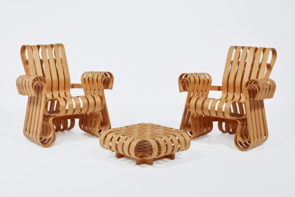 Catalog image of Frank Gehry, Pair of "Power Play" Armchairs and Ottoman