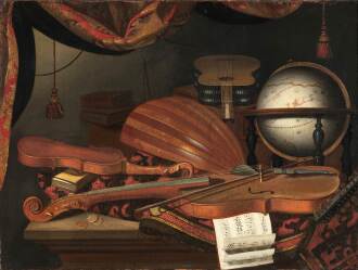 View 1 of Lot 10: Still life with musical instruments, a globe and a carpet on a ledge, an embroidered curtain above