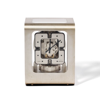 Catalog image of atmos 'moderne' luigi colani for jaeger-lecoultre a rare rhodium plated steel a…