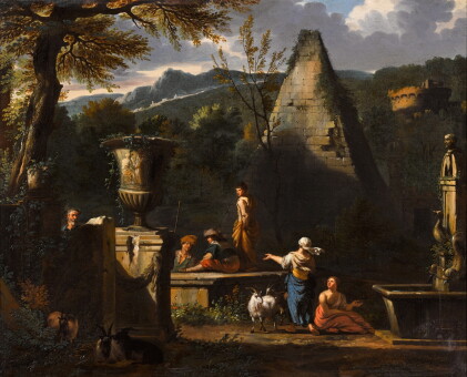 Catalog image of A capriccio with figures resting near the pyramind of Gaius Cestius and the Bor…