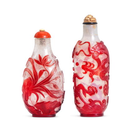 Catalog image of Two red-overlay translucent white glass snuff bottles, Qing dynasty, 18th / 19t…