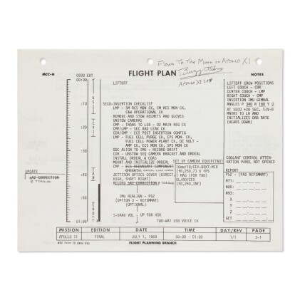 [APOLLO 11]. "LIFTOFF" — THE FLOWN FIRST PAGE OF THE APOLLO 11 FLIGHT PLAN, DIRECTLY FROM BUZZ ALDRIN