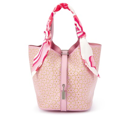View 1 of Lot 980: Limited Edition Mauve Sylvestre Swift Lucky Daisy Picotin Lock 18 Palladium Hardware, 2022 and Rose, White and Fuchsia Silk Brides De Gala Shadow Twilly