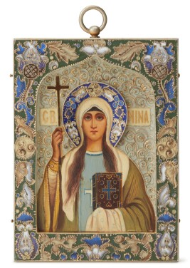 View 1 of Lot 203: A Fabergé silver-gilt and shaded cloisonné enamel icon of St Nina (Nino) of Georgia, Moscow, 1908-1917