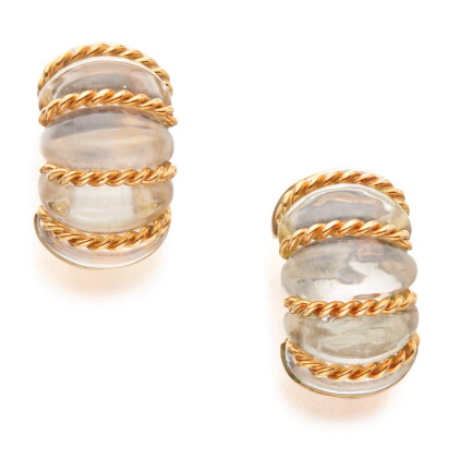 Catalog image of pair of gold and rock crystal earclips, seaman schepps