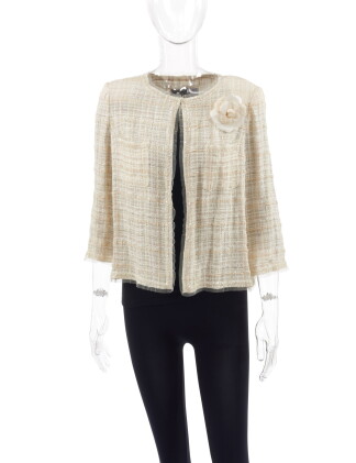 Catalog image of chanel | cream and ivory tweed jacket with camellia brooch