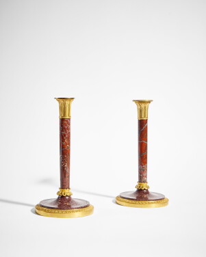 View 1 of Lot 724: A Pair of Empire Gilt-Bronze Mounted Jasper and Porphyry Candlesticks, Attributed to Lucien-François Feuchère, Circa 1805