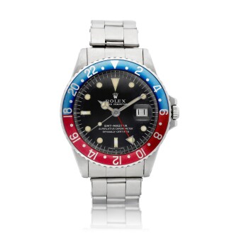 View 1 of Lot 8251: GMT-Master, Reference 1675 | A stainless steel dual time zone wristwatch with Long E dial, date and bracelet, Circa 1968 |  勞力士 GMT-Master 型號1675 |  精鋼兩地時間鏈帶腕錶，備 Long E 錶盤及日期顯示，約1968年製