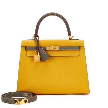 View 1 of Lot 965: Jaune Ambre and Etoupe Togo HSS Kelly 25 Sellier Brushed Gold Hardware, 2019