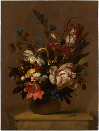 Catalog image of Still life with tulips, anemones and other flowers in a vase, on a stone ledge