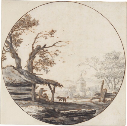Catalog image of Peasants and a dog by a rustic building