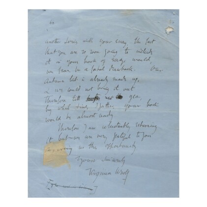  AUTOGRAPH LETTER SIGNED ("VIRGINIA WOOLF") TO LOGAN PEARSALL SMITH, REGARDING A SUBMISSION FOR PUBLICATION
