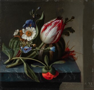 View 1 of Lot 13: Still life of a tulip and other flowers with a melon upon a ledge《靜物：臺上的一枝鬱金香、鮮花與瓜》