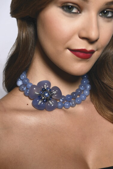 Platinum, White Gold, Chalcedony, Sapphire and Diamond 'Flower-H