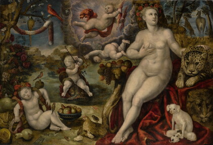 Catalog image of an imaginary landscape with allegories of abundance and charity