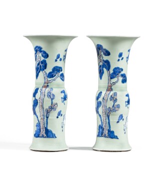 View 1 of Lot 2: A pair of celadon ground underglaze blue and copper red beaker vases Qing dynasty, Kangxi period | 清康熙 粉青地青花釉裏紅駿馬圖花觚一對