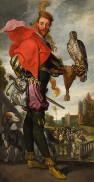 View 1 of Lot 48: Portrait of a falconer, the Amsterdam Gate in Haarlem in the distance
