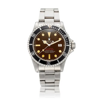 View 1 of Lot 37: 'Double Red' Sea-Dweller, Ref. 1665 Stainless steel wristwatch with date, 'tropical' dial, thin case and bracelet Circa 1967 | 勞力士1665型號「'Double Red' Sea-Dweller」精鋼鍊帶腕錶備日期顯示及熱帶錶盤，年份約1967