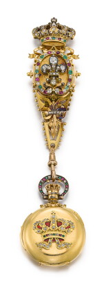 Catalog image of retailed by e. mansberger, madrid: a lady's gold, diamond, ruby and emerald-set…