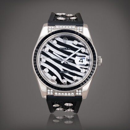 Catalog image of Datejust 'Zebra', reference 116199SANR Montre bracelet en or blanc sertie de di…