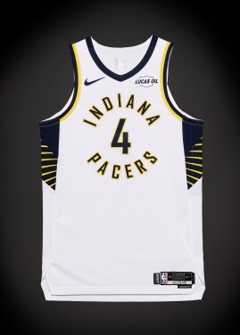 View 1 of Lot 44: Taelon Peter ‘Rookie Debut’ Indiana Pacers 2025-2026 NBA Tip-Off Game Worn Association Edition Jersey