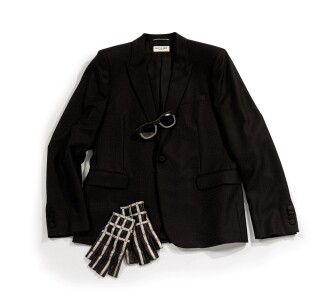 View 1 of Lot 378: Saint Laurent,  Black and Multicolor Wool Jacket, 2014 | Veste de smoking en laine faconnée tachetée noire, 2014