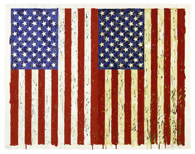 Print depicting two American flags rotated 90 degrees anticlockwise and placed side by side
