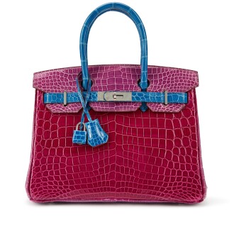 View 1 of Lot 5592: Rose Scheherazade, Bleu Roi and Violet Shiny Porosus Crocodile HSS Birkin 30 Palladium Hardware, 2012