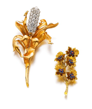 Catalog image of diamond brooch, vacheron constantin, and a ruby and sapphire brooch