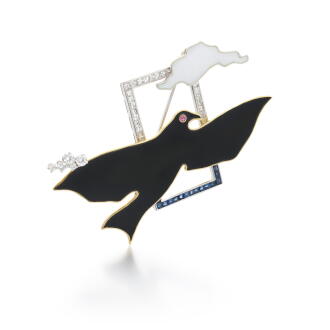 View 1 of Lot 113: Enamel, Sapphire, Diamond and Ruby Brooch 